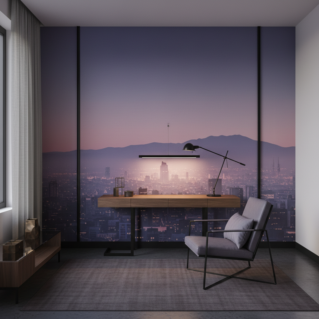 Papier Peint Panorama Urbain Coucher de Soleil Rose et Violet - Bureau