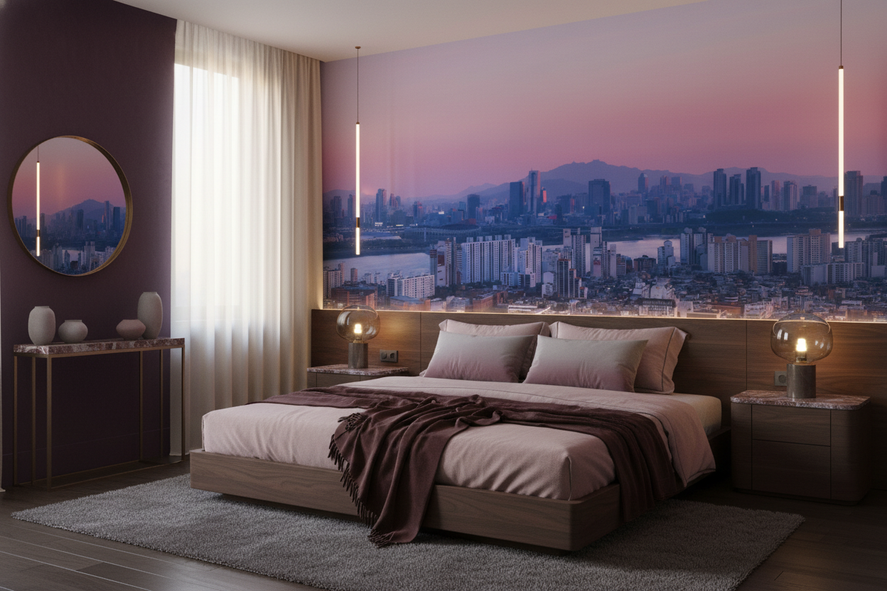 Papier Peint Panorama Urbain Coucher de Soleil Rose et Violet - Chambre adulte