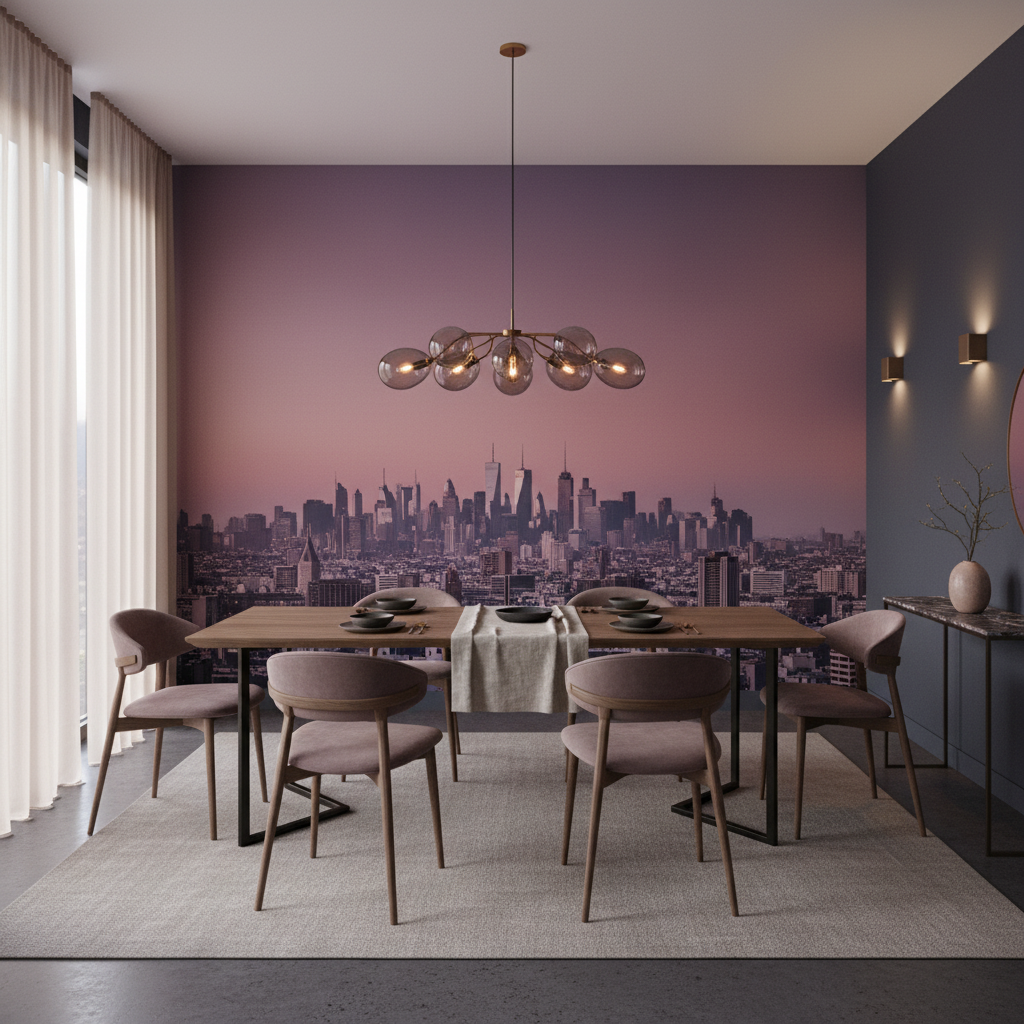 Papier Peint Panorama Urbain Coucher de Soleil Rose et Violet - Salle à manger