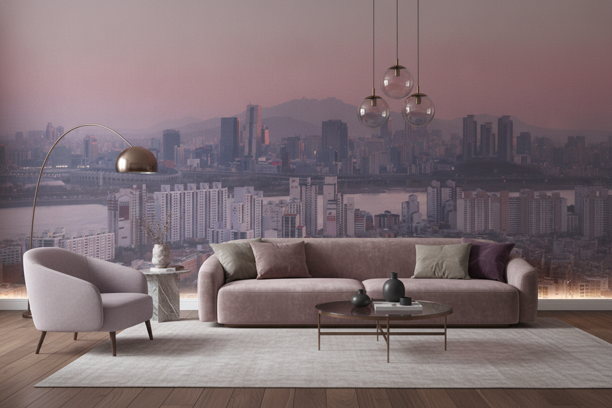 Papier Peint Panorama Urbain Coucher de Soleil Rose et Violet - Salon / Séjour