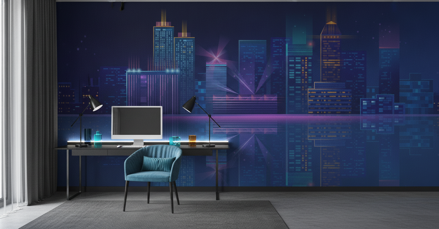 Papier peint panorama urbain futuriste néon bleu nuit moderne - Bureau