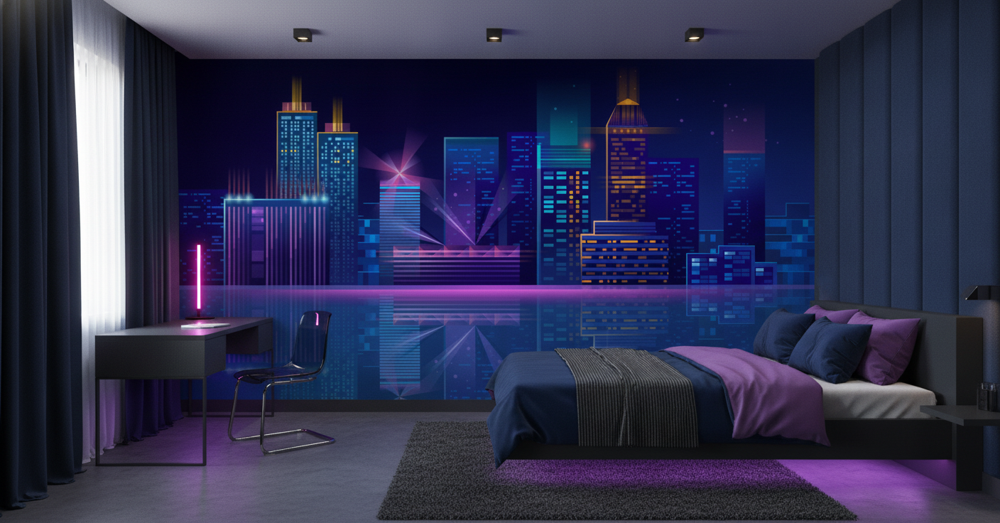 Papier peint panorama urbain futuriste néon bleu nuit moderne - Chambre ado