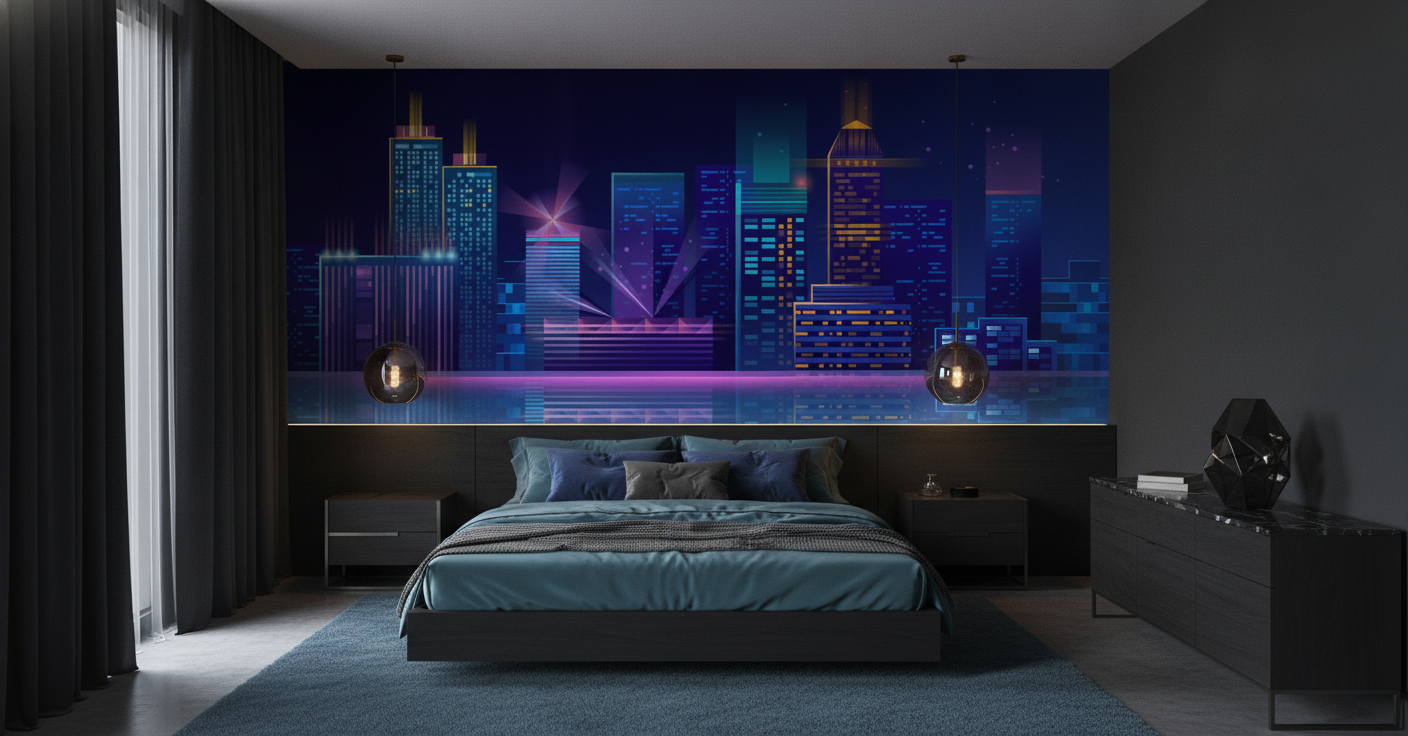 Papier peint panorama urbain futuriste néon bleu nuit moderne - Chambre adulte