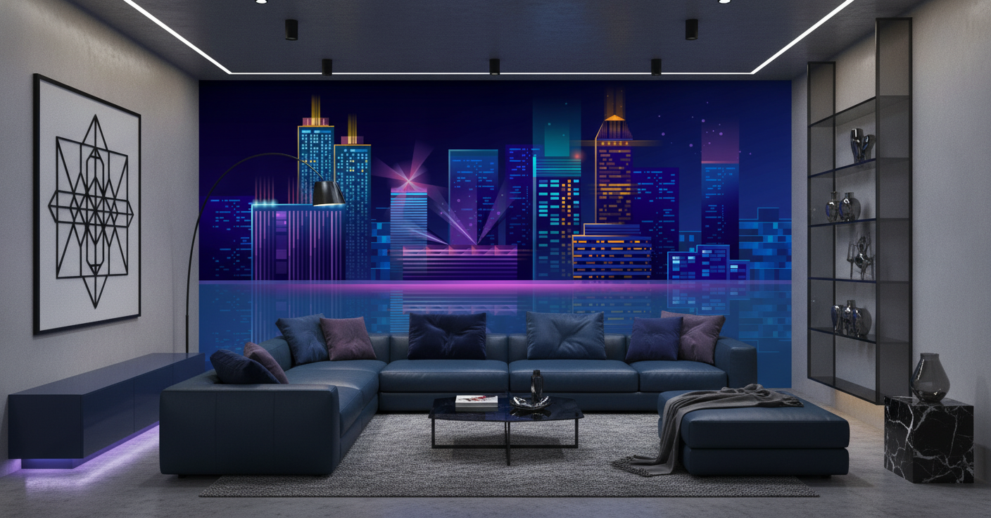 Papier peint panorama urbain futuriste néon bleu nuit moderne - Salon / Séjour