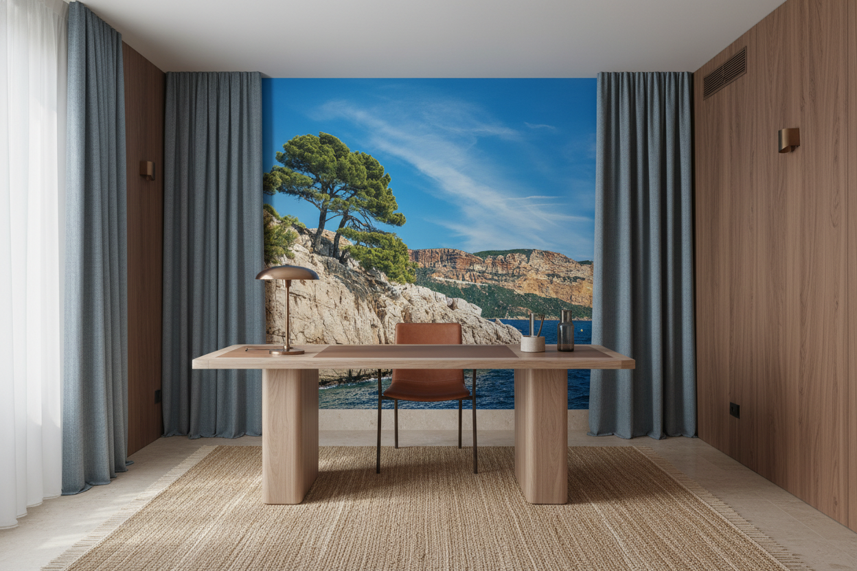 Papier peint panoramique côte méditerranéenne pins et falaises calcaires - Bureau
