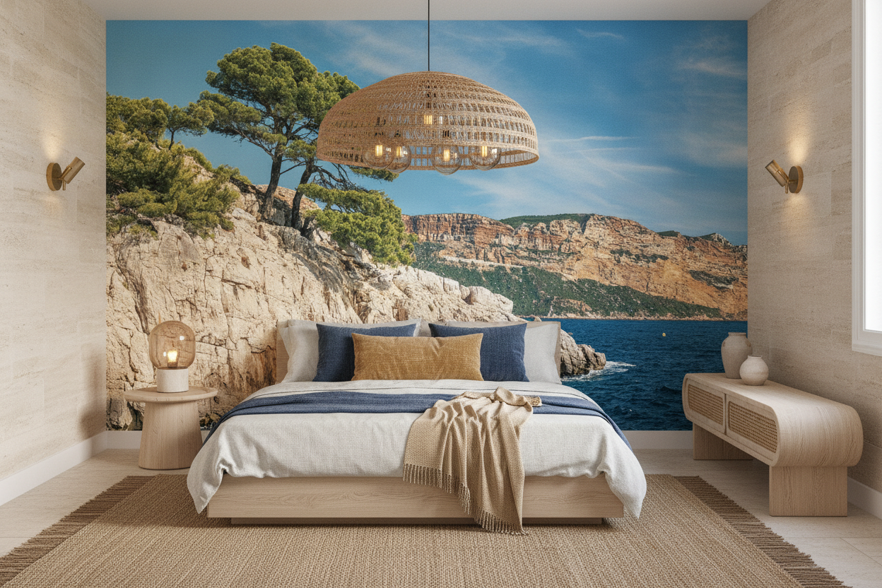 Papier peint panoramique côte méditerranéenne pins et falaises calcaires - Chambre adulte