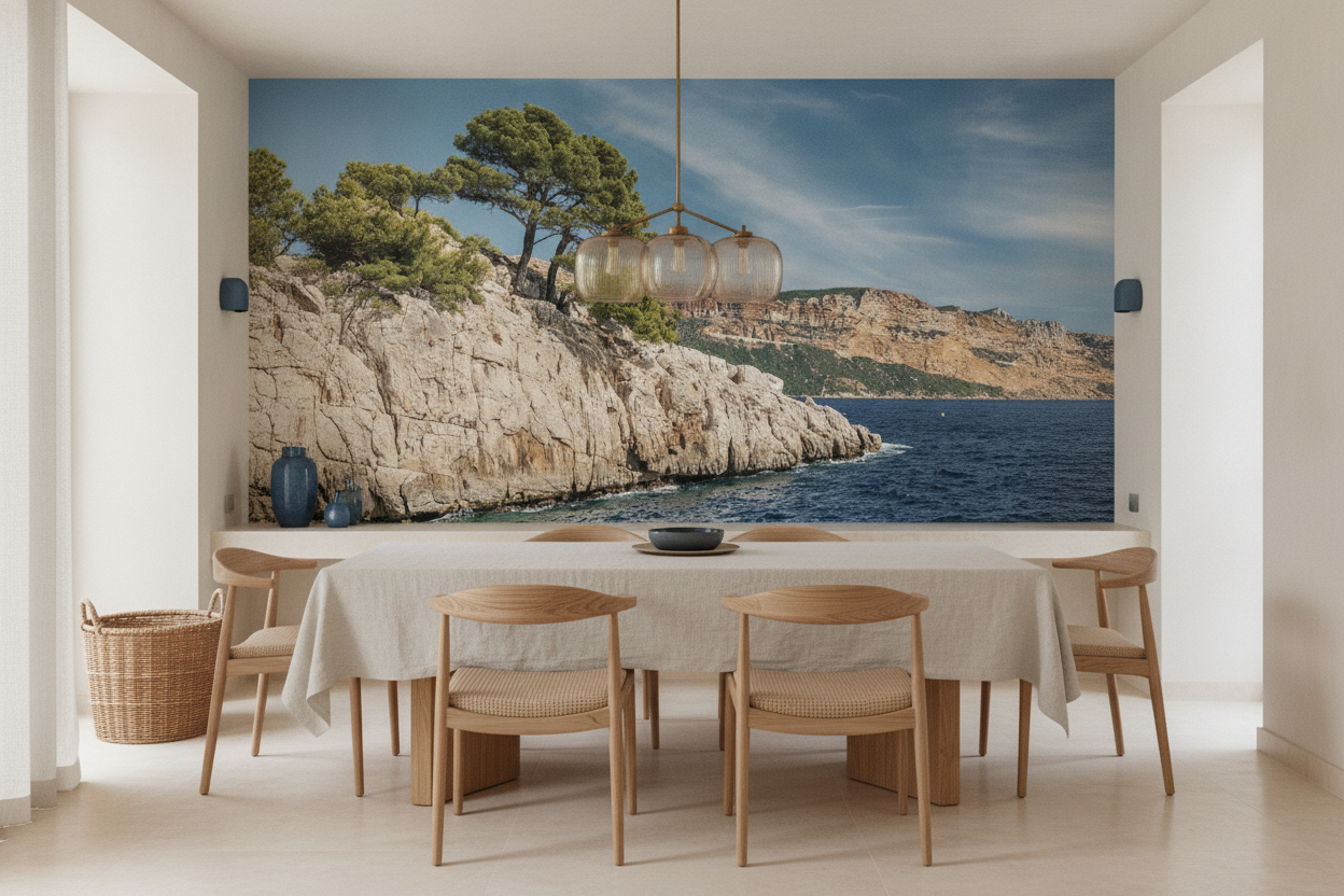 Papier peint panoramique côte méditerranéenne pins et falaises calcaires - Salle à manger