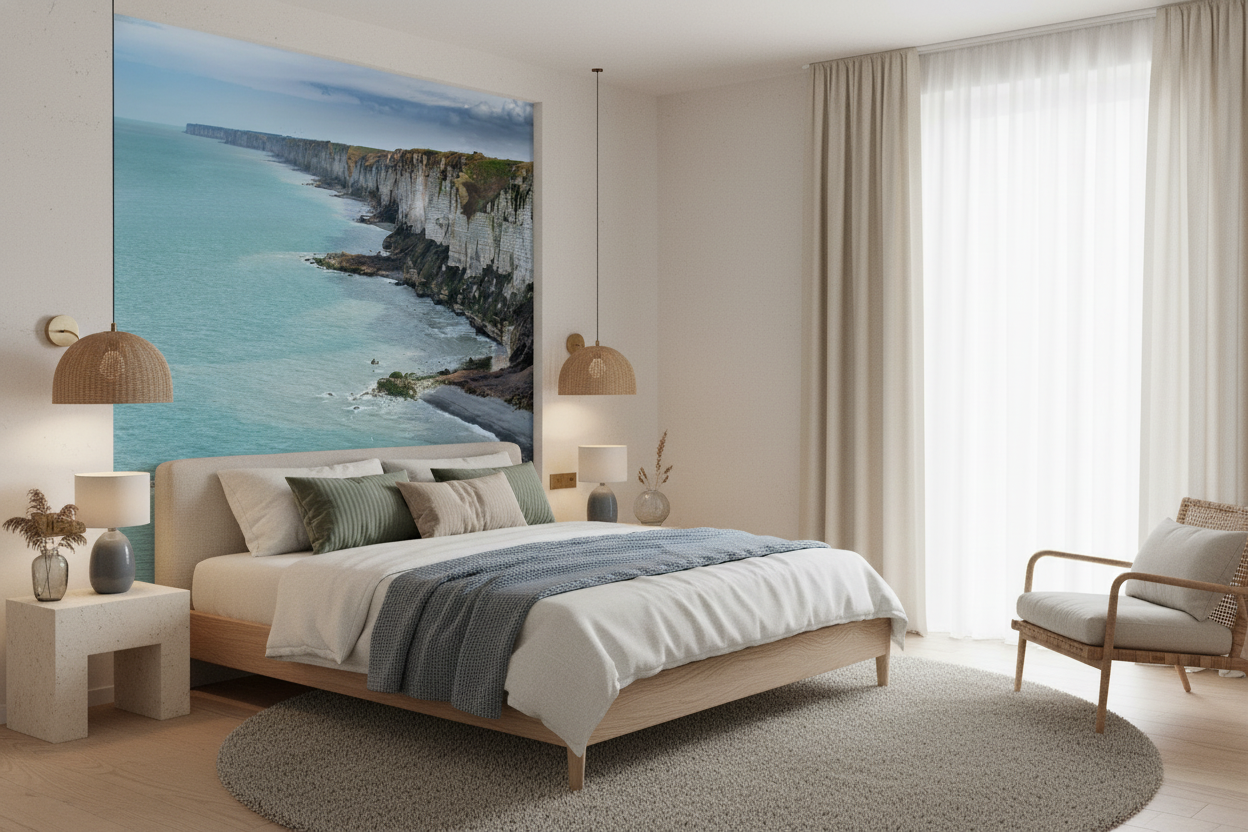 Papier peint panoramique falaises blanches et océan turquoise - Chambre adulte