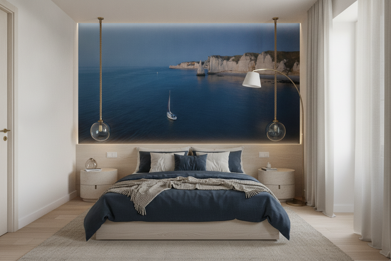 Papier peint panoramique falaises blanches et voilier au coucher du soleil - Chambre adulte
