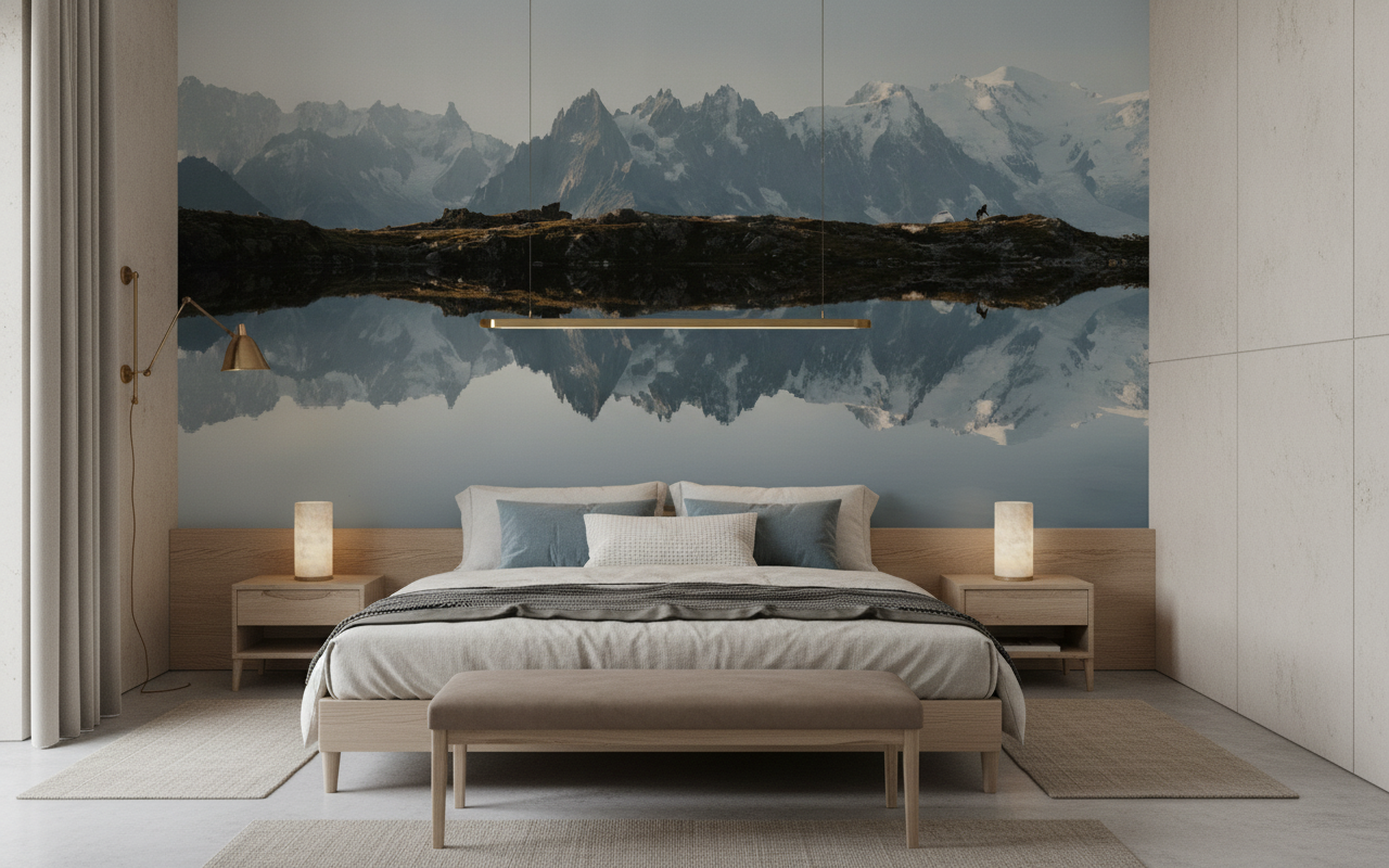 Papier peint panoramique montagne alpine reflet lac serein majestueux - Chambre adulte