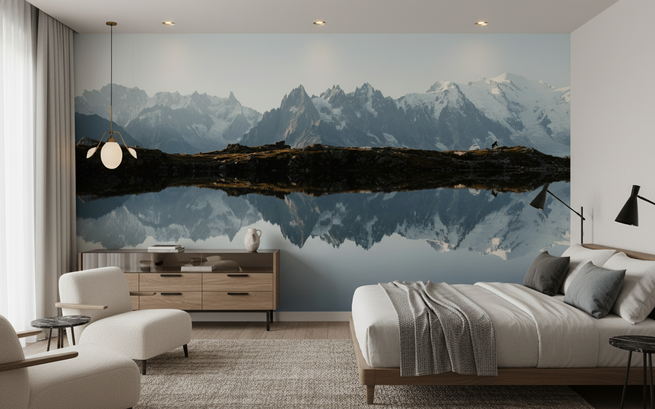 Papier peint panoramique montagne alpine reflet lac serein majestueux — Hôtel