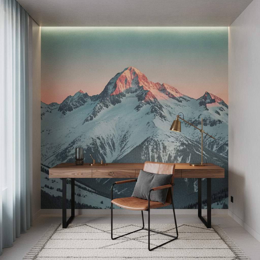 Papier Peint Panoramique Montagne Enneigée Coucher de Soleil Alpine - Bureau