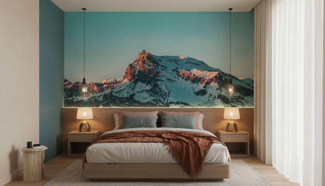 Papier Peint Panoramique Montagne Enneigée Coucher de Soleil Alpine - Chambre adulte