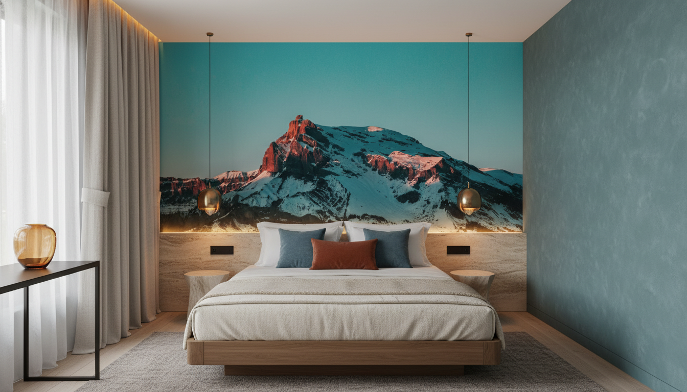 Papier Peint Panoramique Montagne Enneigée Coucher de Soleil Alpine — Hôtel