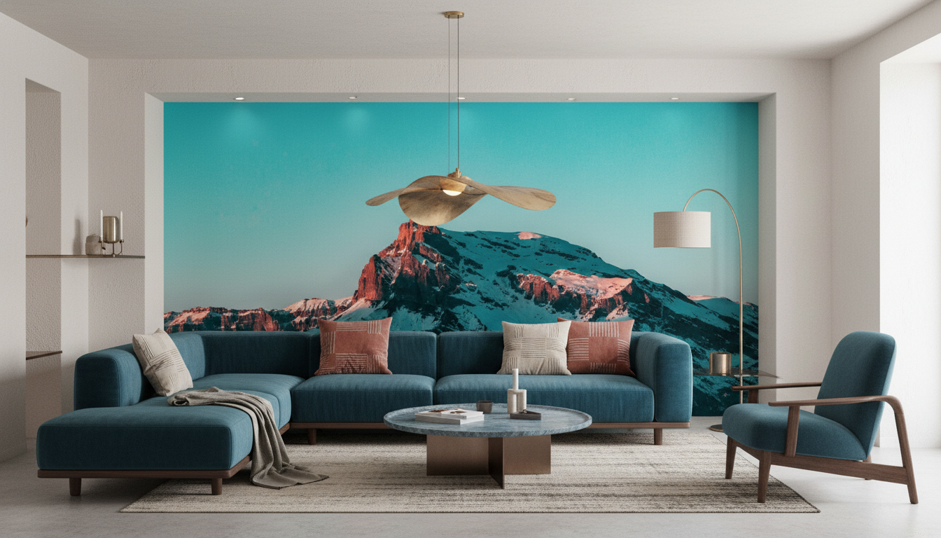 Papier Peint Panoramique Montagne Enneigée Coucher de Soleil Alpine - Salon / Séjour