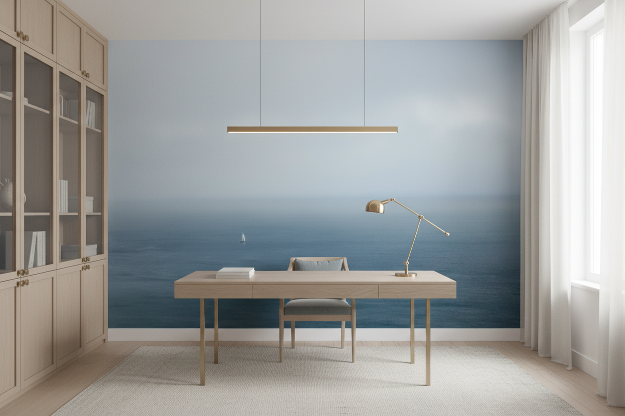 Papier peint panoramique océan brumeux avec voilier solitaire - Bureau