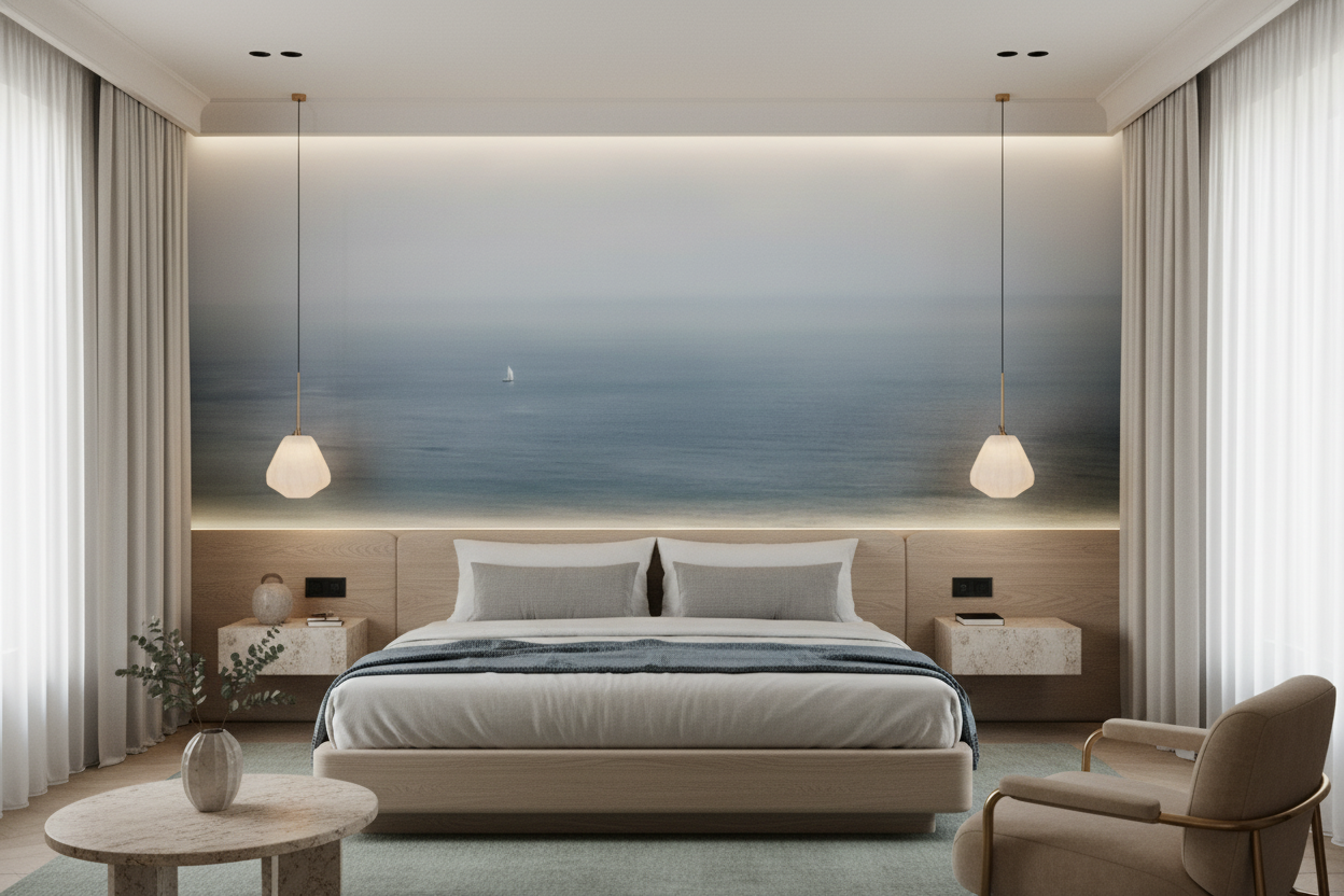 Papier peint panoramique océan brumeux avec voilier solitaire — Hôtel