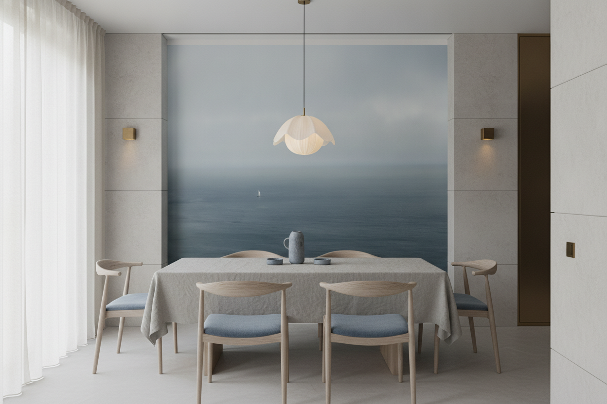 Papier peint panoramique océan brumeux avec voilier solitaire - Salle à manger