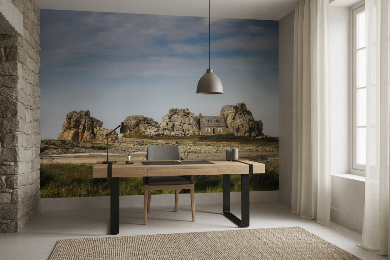 Papier peint paysage côtier maison entre rochers dramatiques bretons - Bureau