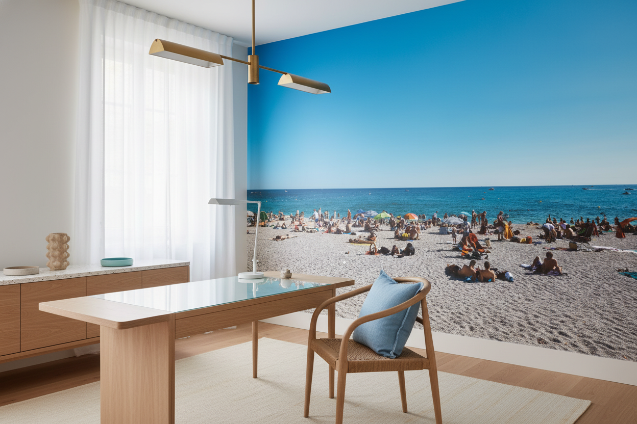 Papier peint plage d'été avec baigneurs et mer bleue turquoise - Bureau