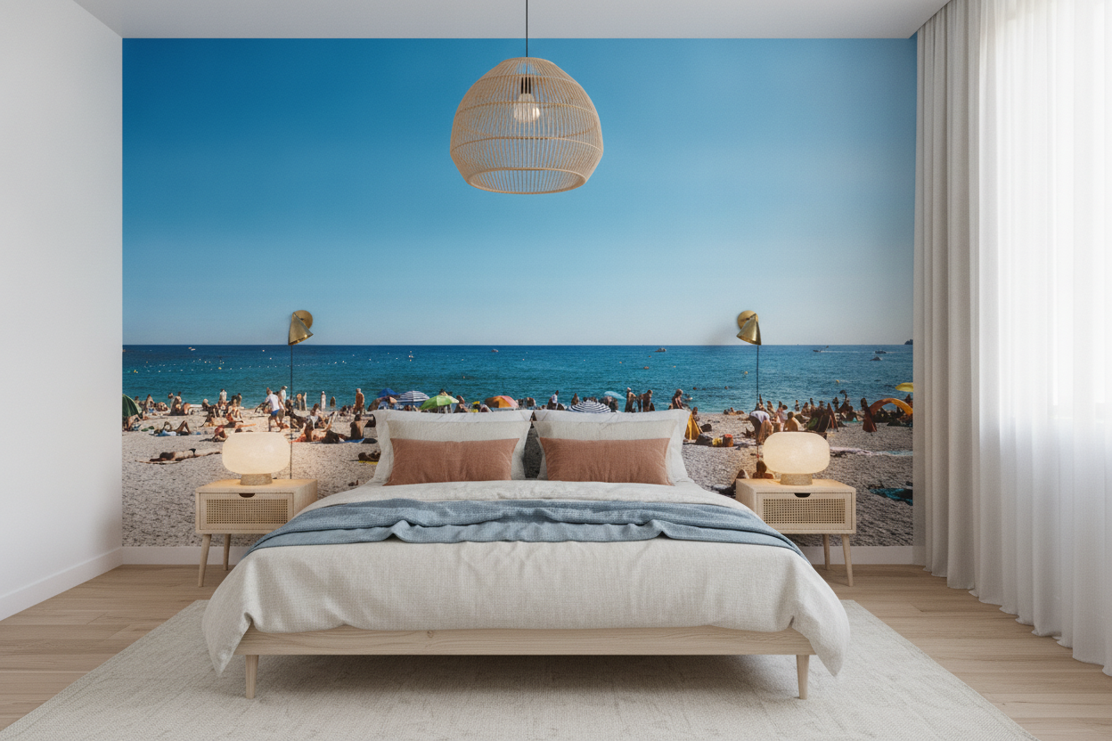 Papier peint plage d'été avec baigneurs et mer bleue turquoise - Chambre adulte
