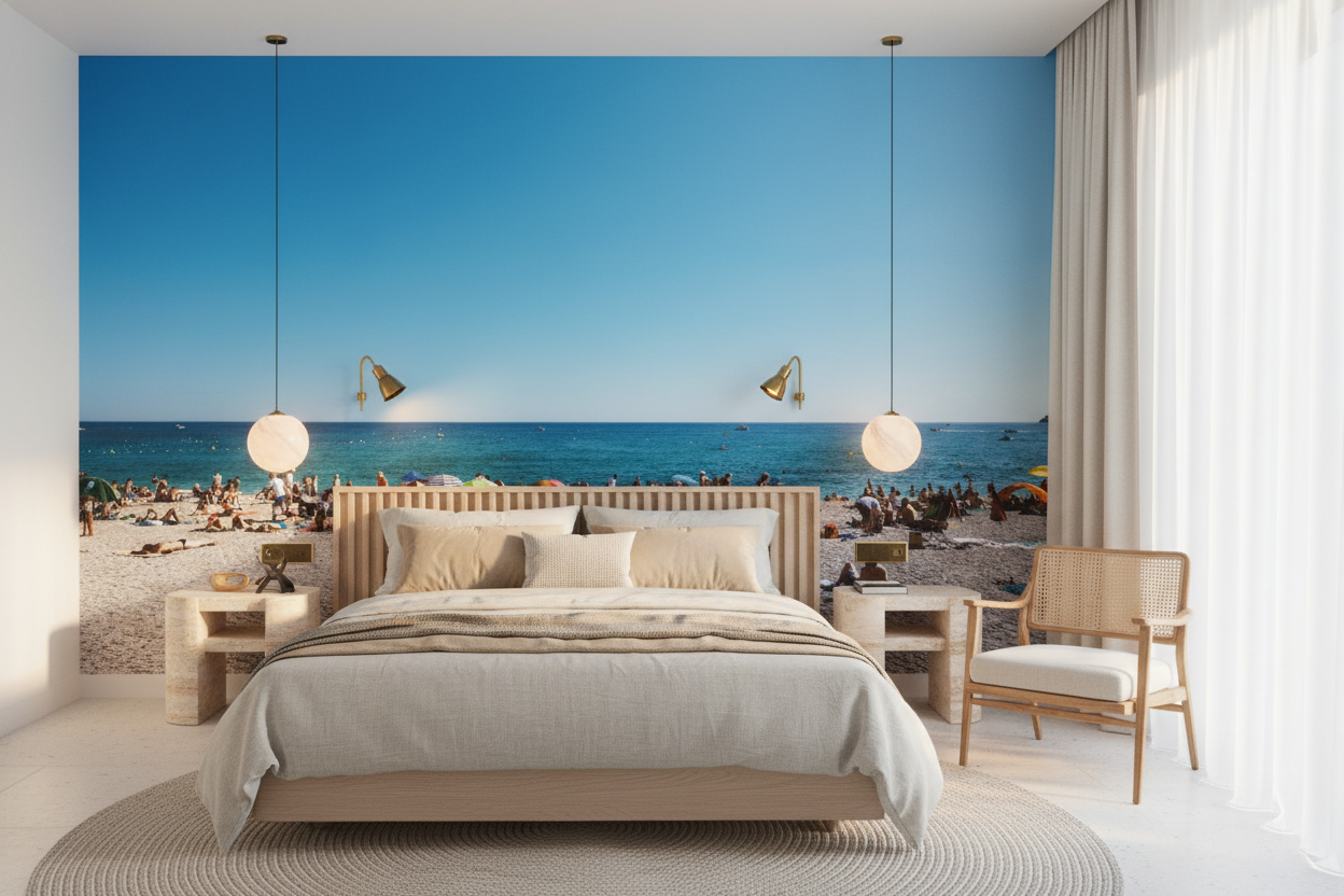 Papier peint plage d'été avec baigneurs et mer bleue turquoise - Hôtel