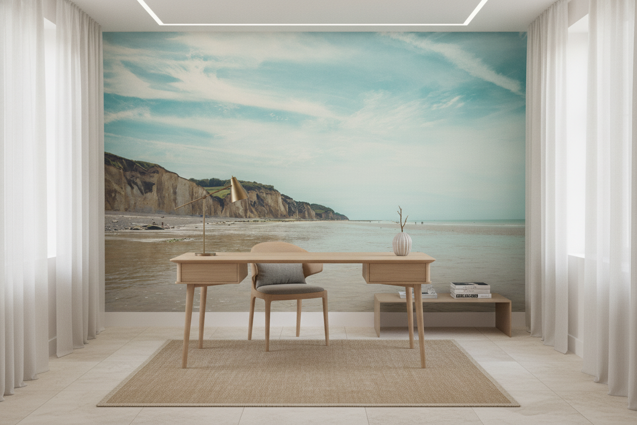 Papier Peint Plage Falaises Blanches Paysage Marin Naturel - Bureau