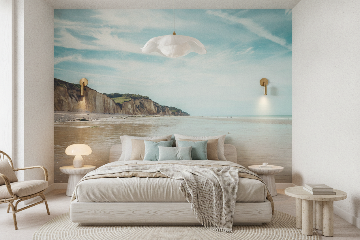 Papier Peint Plage Falaises Blanches Paysage Marin Naturel - Chambre adulte