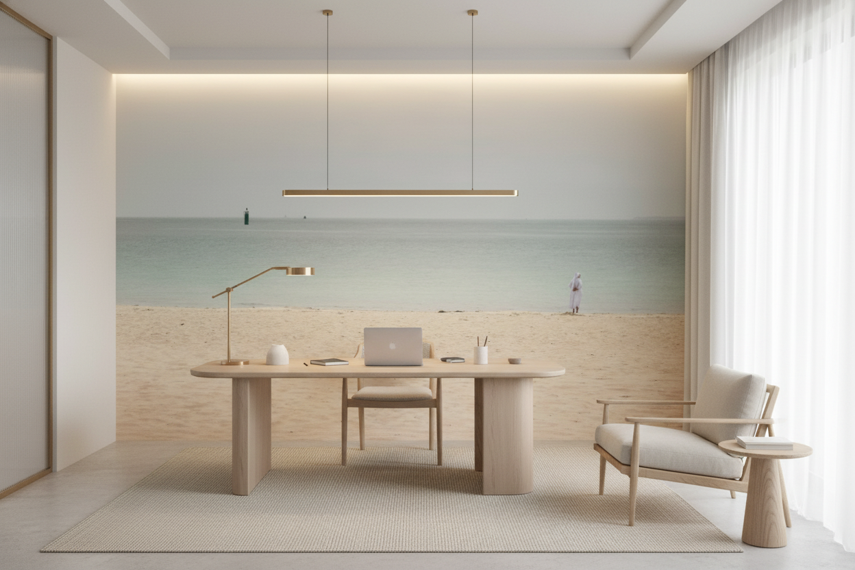 Papier Peint Plage Minimaliste Océan Sable Beige Horizon Infini - Bureau