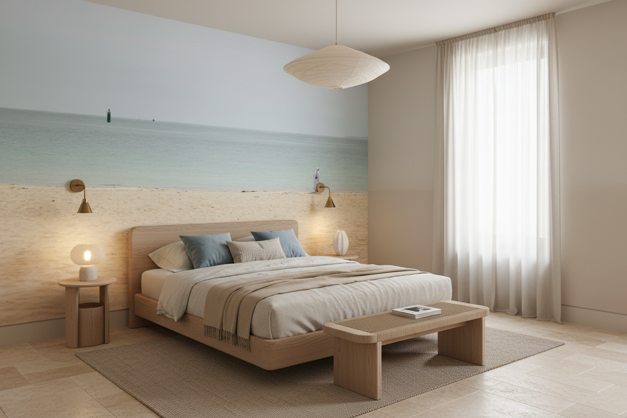 Papier Peint Plage Minimaliste Océan Sable Beige Horizon Infini - Chambre adulte