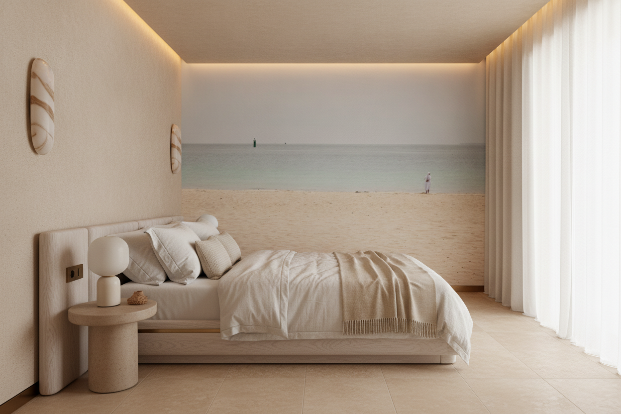 Papier Peint Plage Minimaliste Océan Sable Beige Horizon Infini - Hôtel