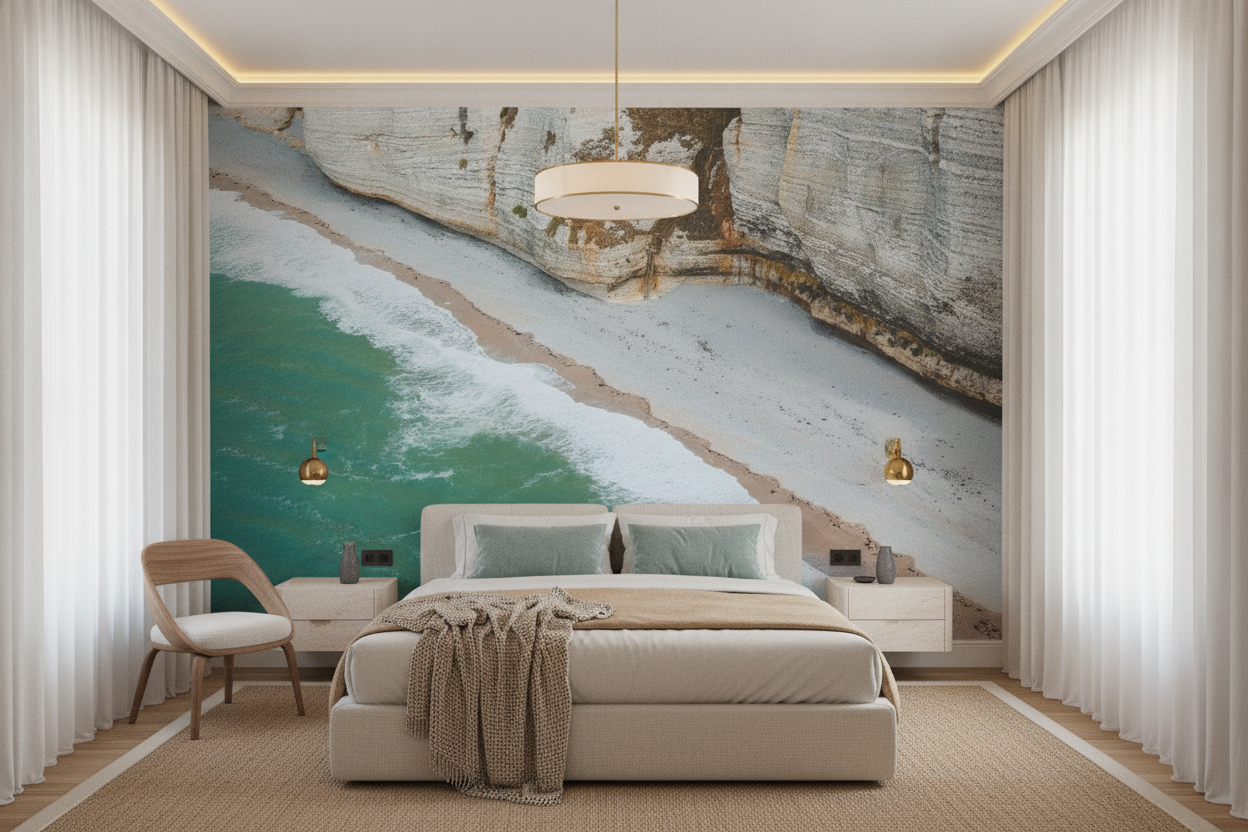 Papier Peint Plage Paradisiaque Vue Aérienne Falaises Blanches Océan Turquoise - Hôtel