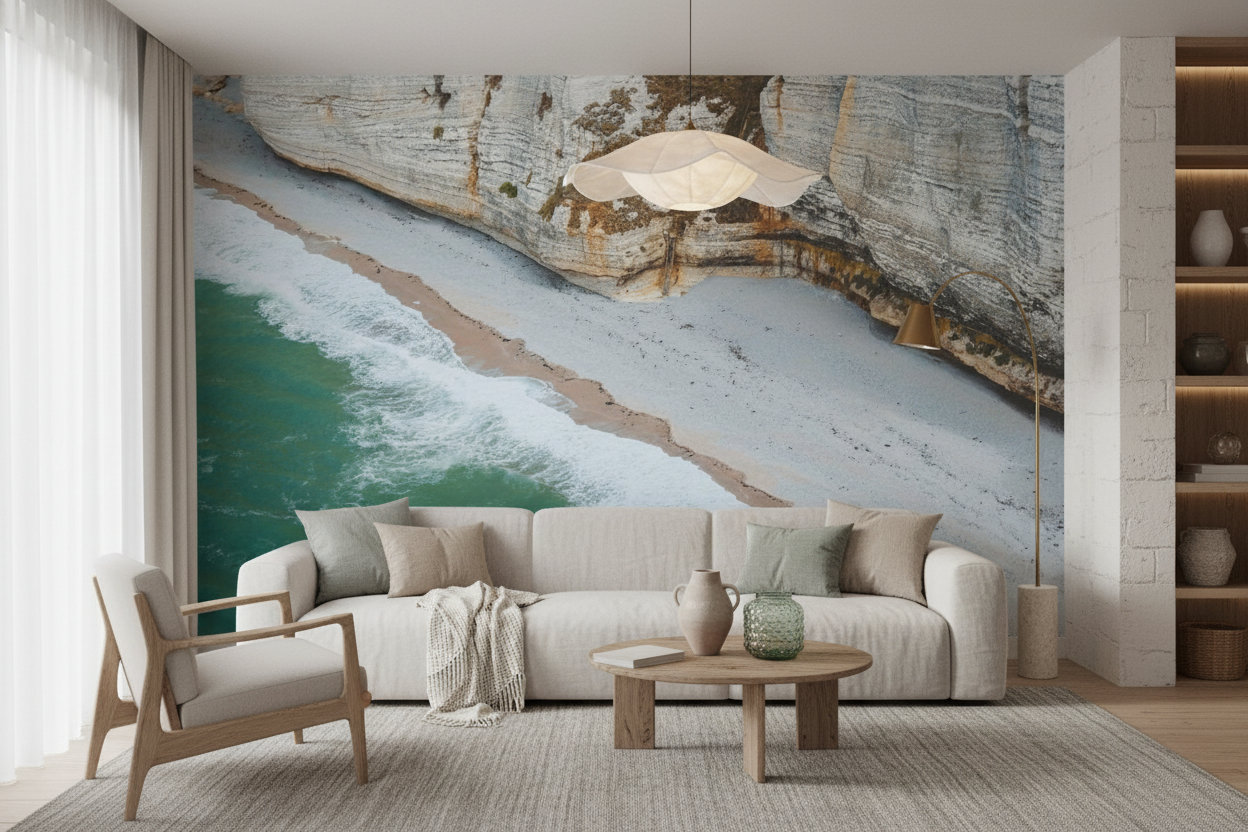 Papier Peint Plage Paradisiaque Vue Aérienne Falaises Blanches Océan Turquoise - Salon / Séjour