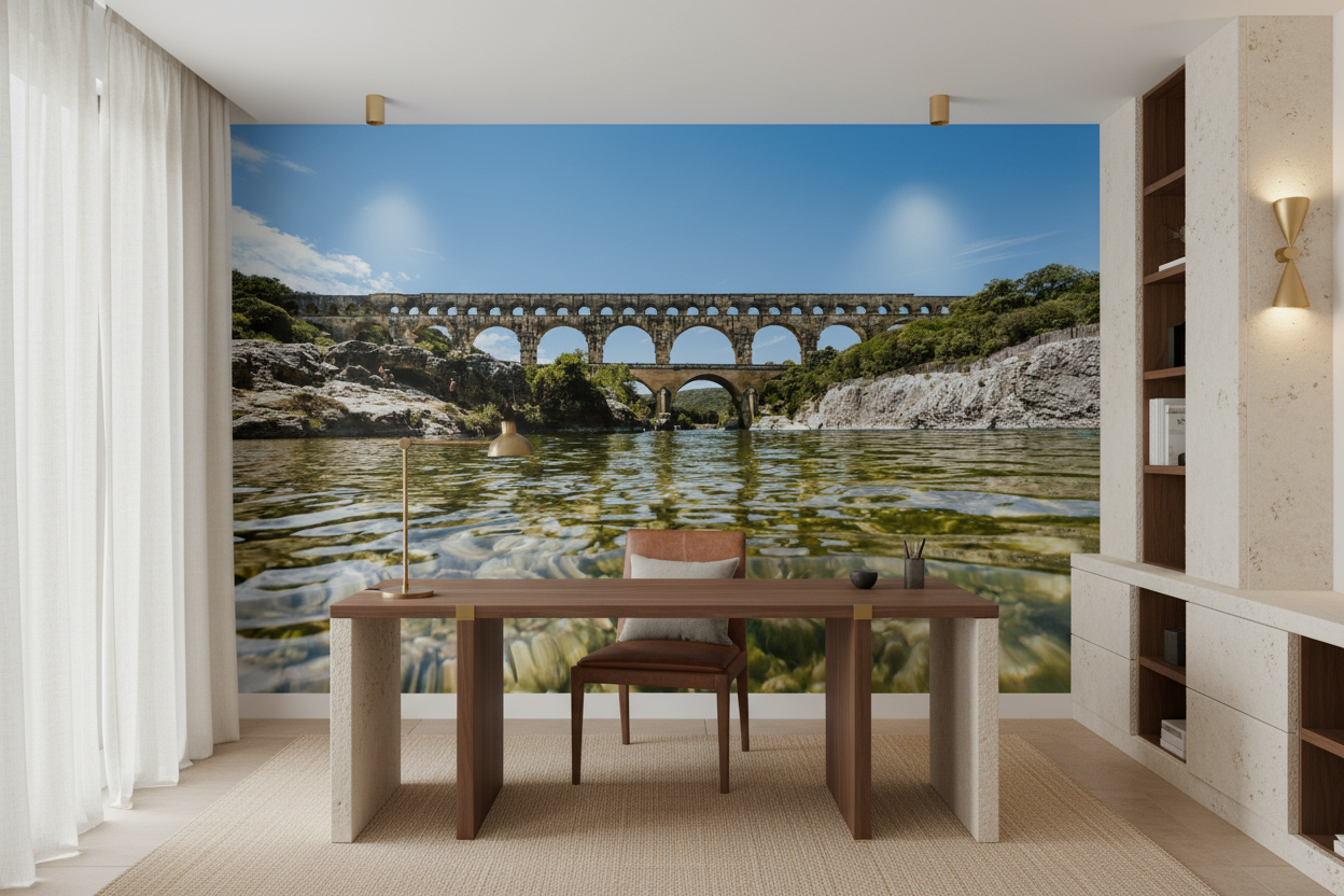 Papier peint pont romain antique rivière méditerranéenne paysage naturel - Bureau