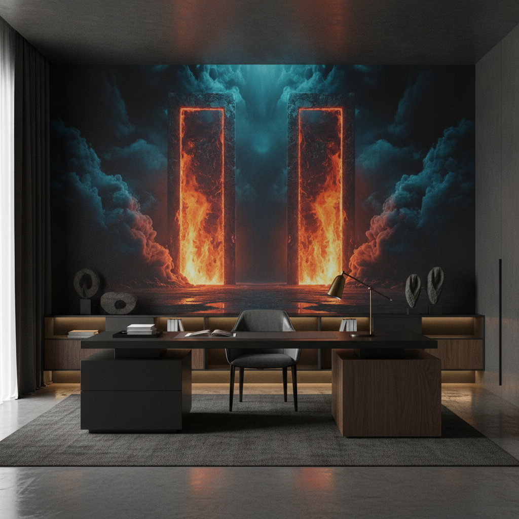 Papier Peint Portail Mystique Flammes Oranges et Lumières Bleues - Bureau