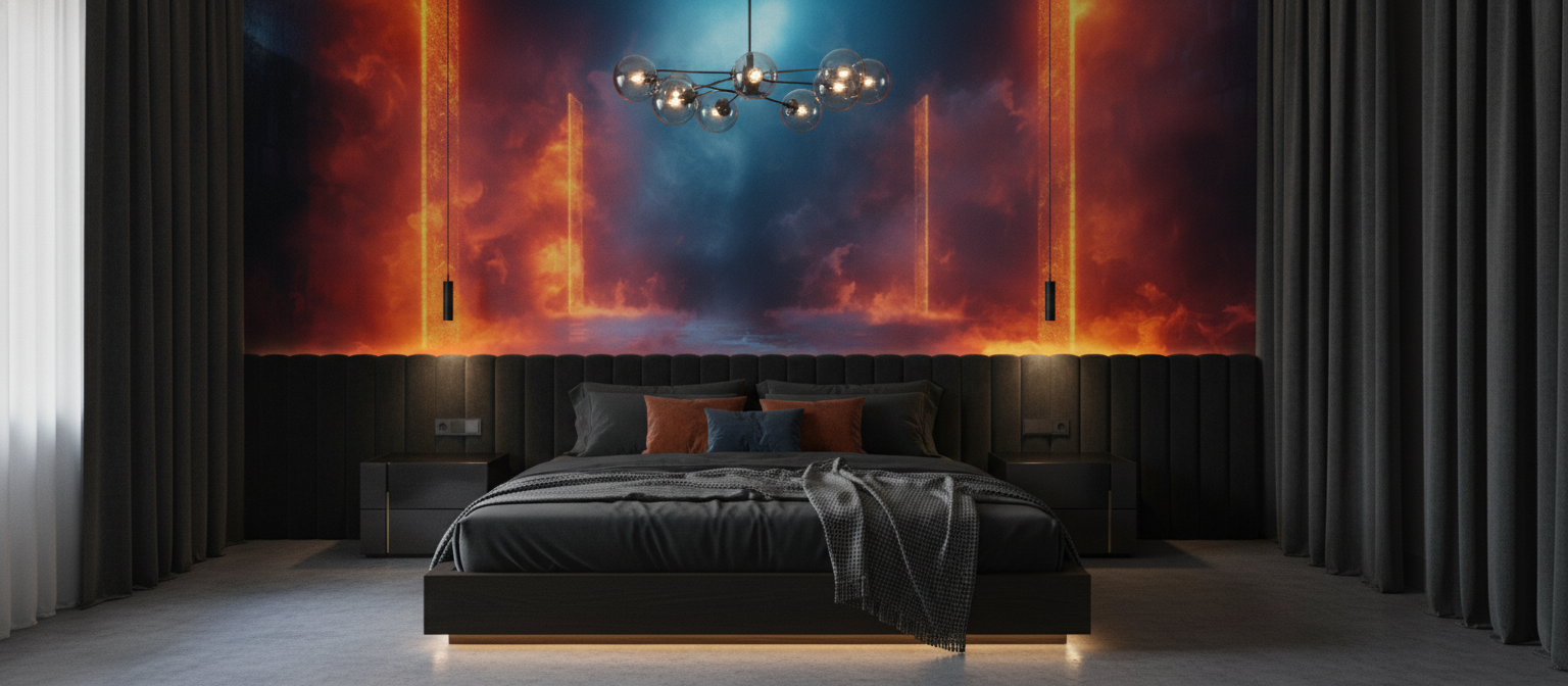 Papier Peint Portail Mystique Flammes Oranges et Lumières Bleues - Chambre adulte