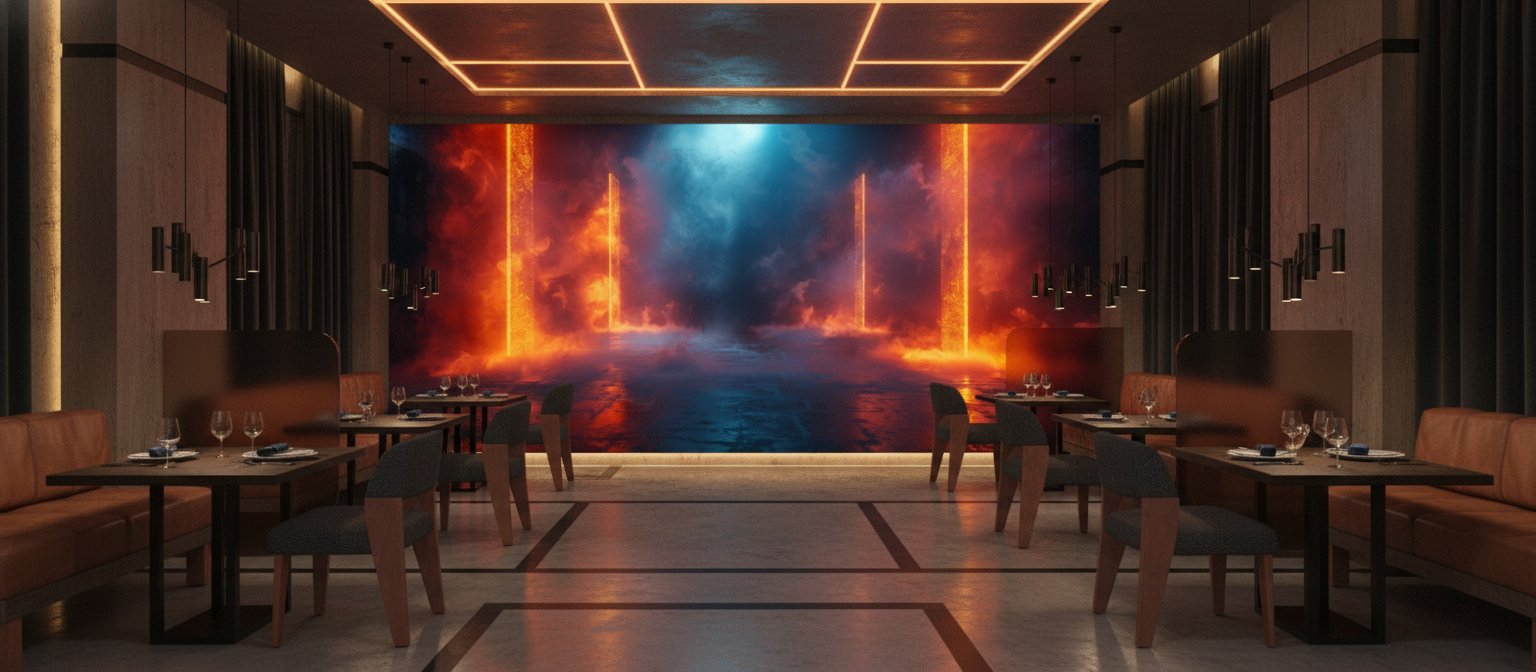 Papier Peint Portail Mystique Flammes Oranges et Lumières Bleues - Restaurant