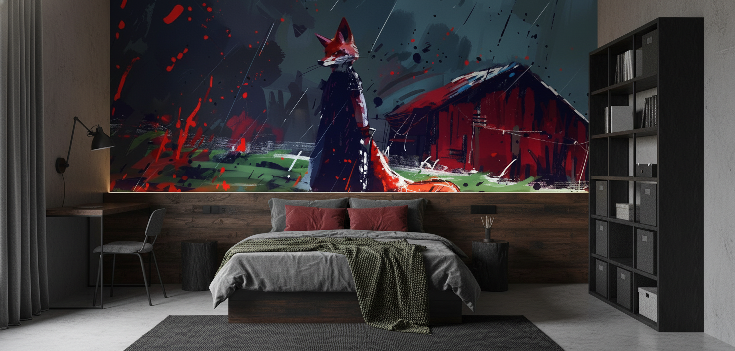 Papier Peint Renard Rouge Abstracte Style Grunge Artistique - Chambre ado