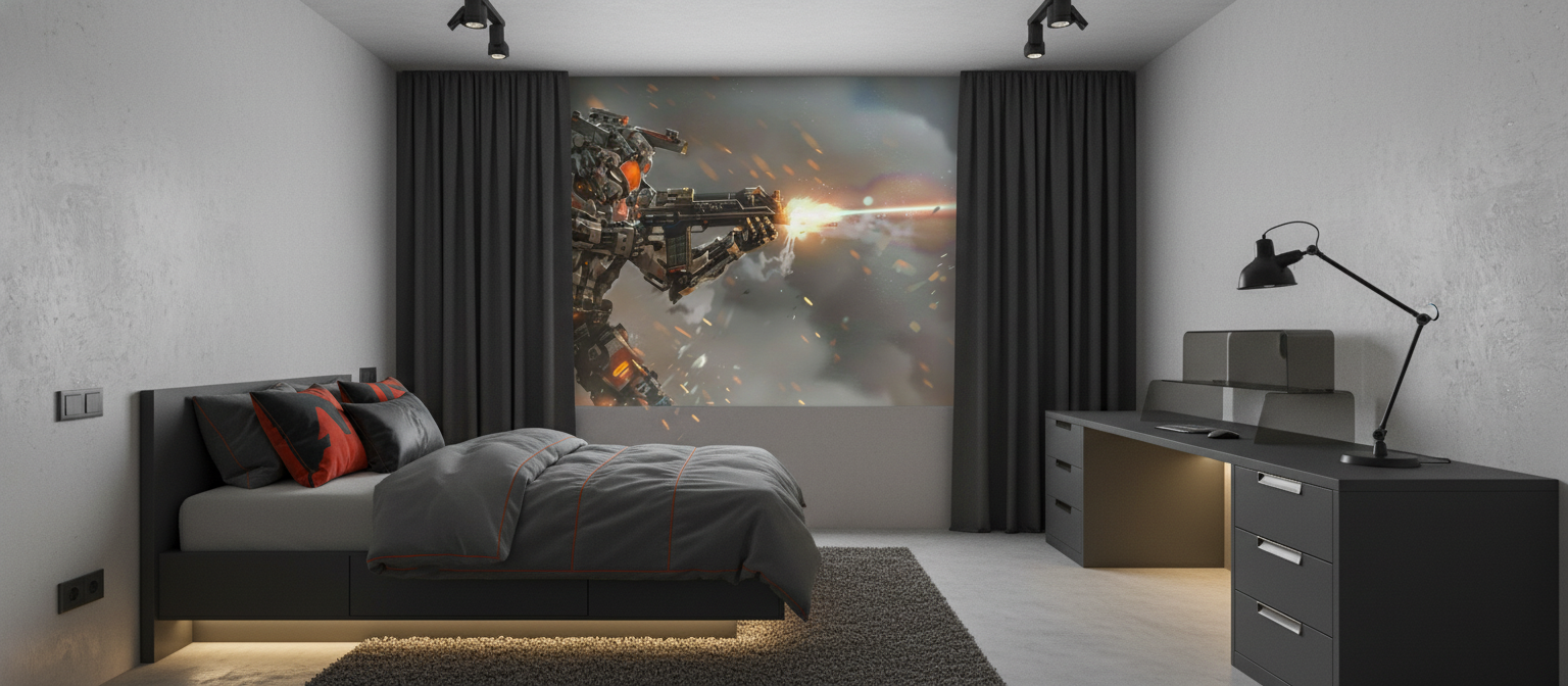 Papier Peint Robot de Combat Futuriste avec Effets Laser - Chambre ado