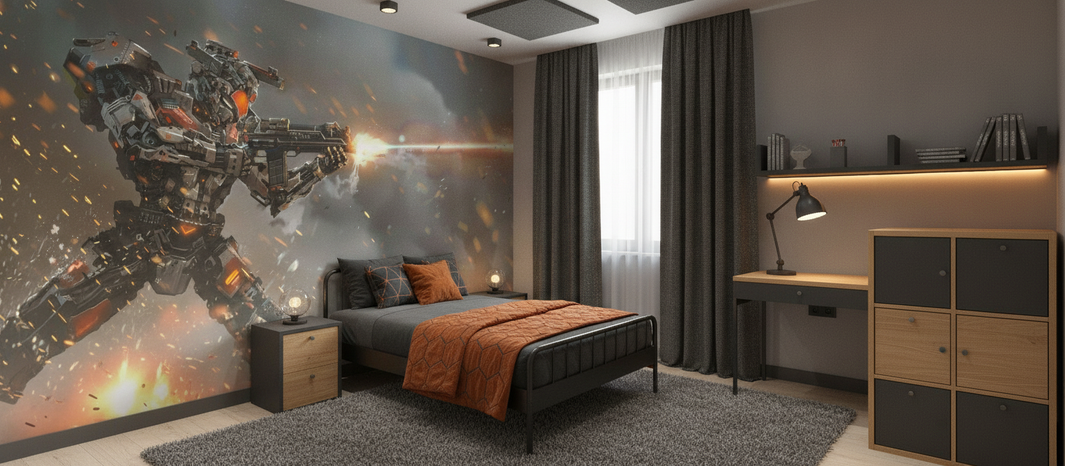 Papier Peint Robot de Combat Futuriste avec Effets Laser - Chambre enfant
