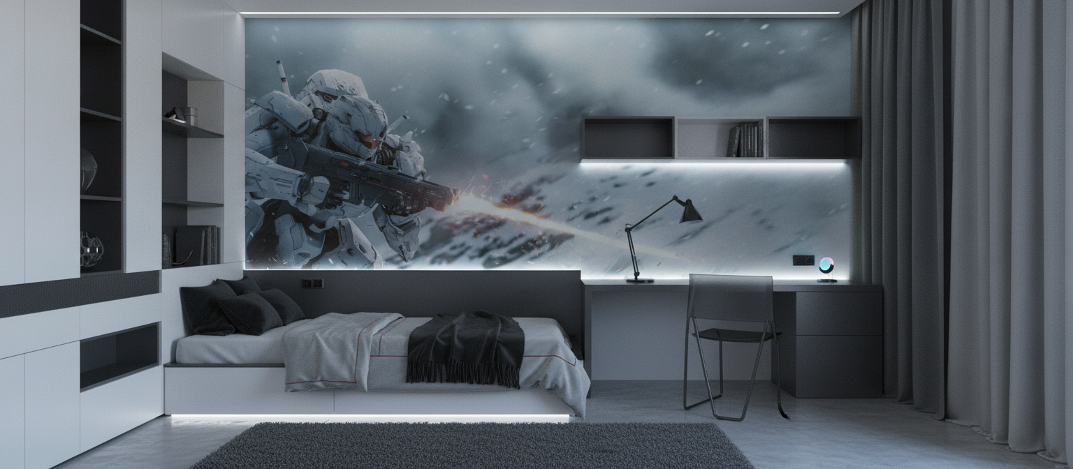 Papier Peint Robot de Combat Futuriste dans Tempête Glacée - Chambre ado