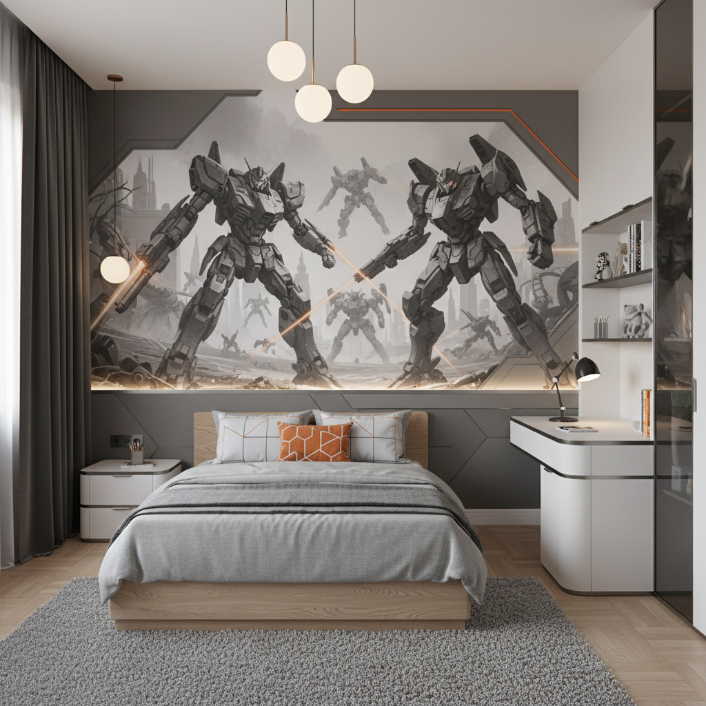 Papier peint robot mecha futuriste combat science-fiction gris - Chambre enfant