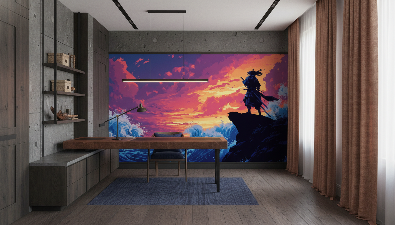 Papier Peint Samurai Contemplatif et Vagues Japonaises au Coucher de Soleil - Bureau