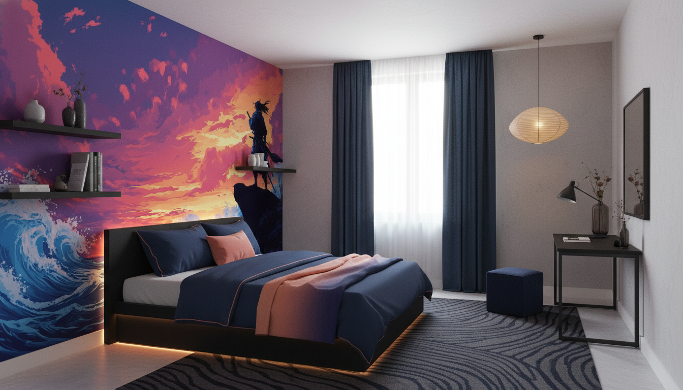 Papier Peint Samurai Contemplatif et Vagues Japonaises au Coucher de Soleil - Chambre ado