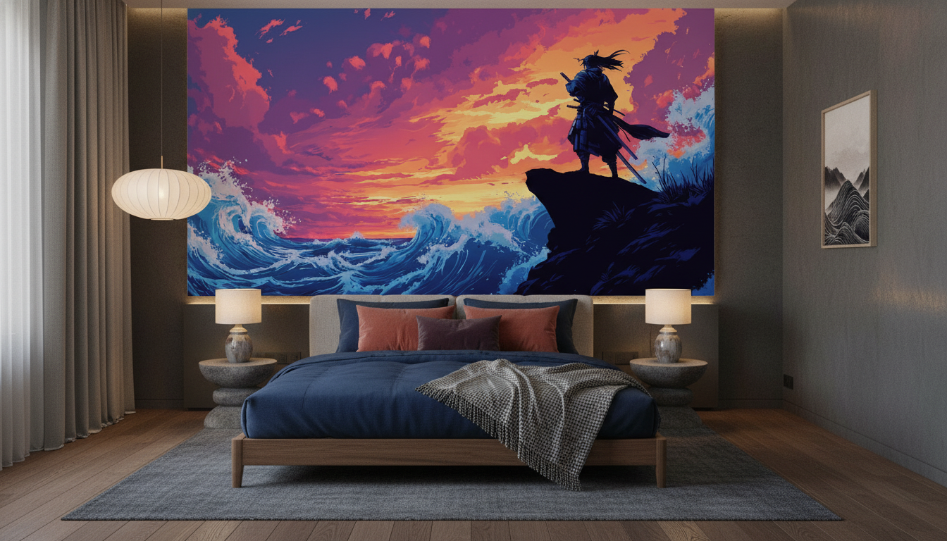 Papier Peint Samurai Contemplatif et Vagues Japonaises au Coucher de Soleil - Chambre adulte