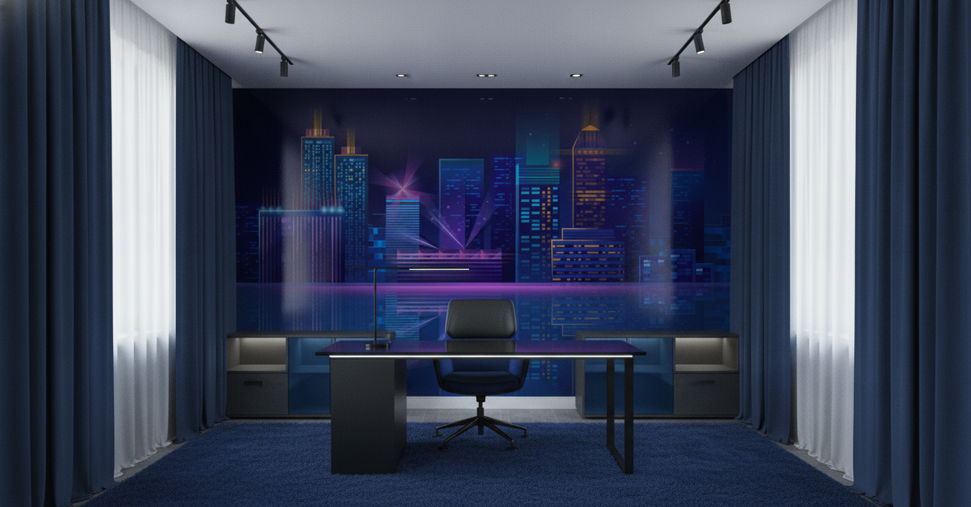 Papier Peint Skyline Futuriste Neon Ville Nocturne Reflets - Bureau