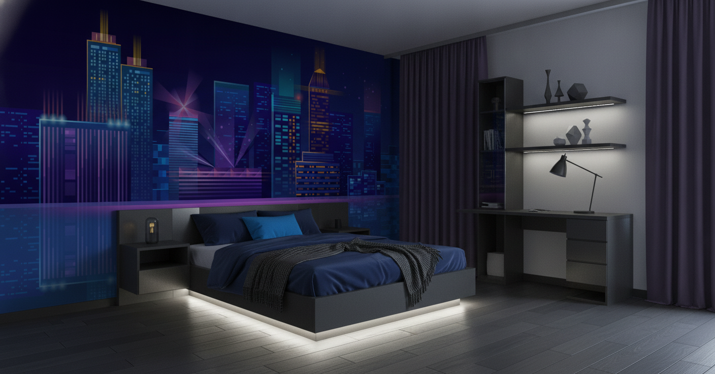Papier Peint Skyline Futuriste Neon Ville Nocturne Reflets - Chambre ado