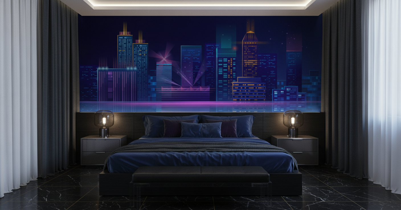 Papier Peint Skyline Futuriste Neon Ville Nocturne Reflets - Chambre adulte