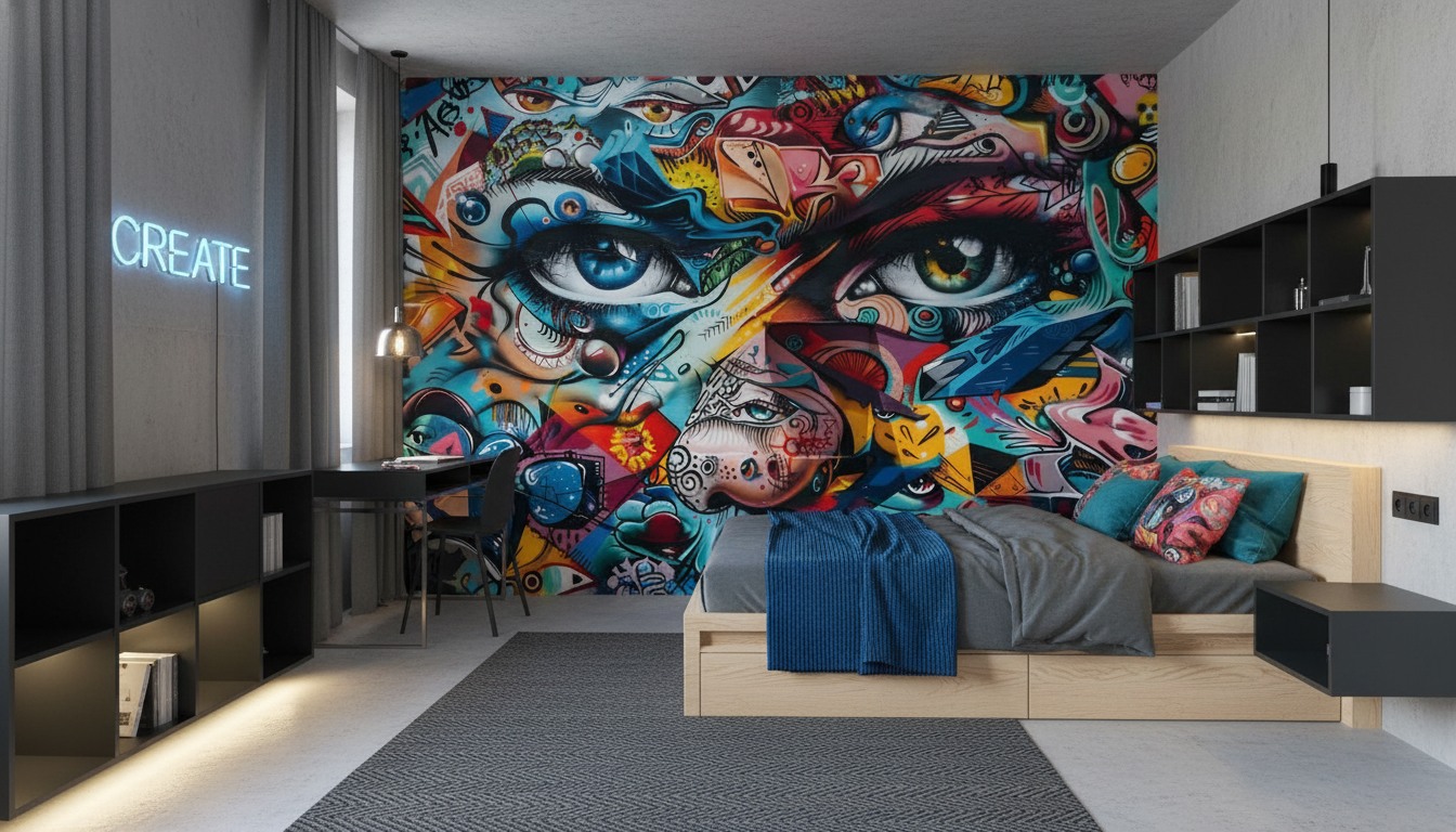 Papier Peint Street Art Graffiti Yeux Colorés Abstrait Moderne - Chambre ado