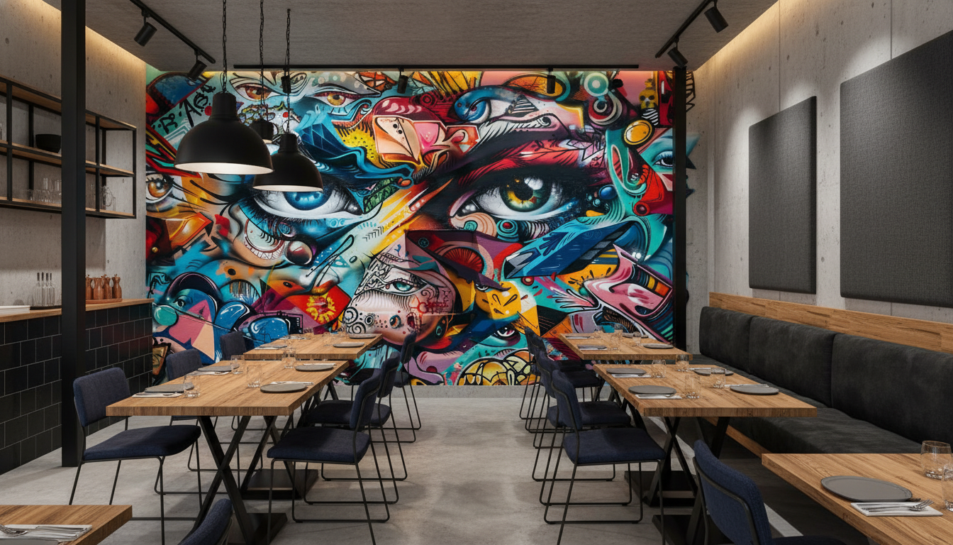 Papier Peint Street Art Graffiti Yeux Colorés Abstrait Moderne - Restaurant
